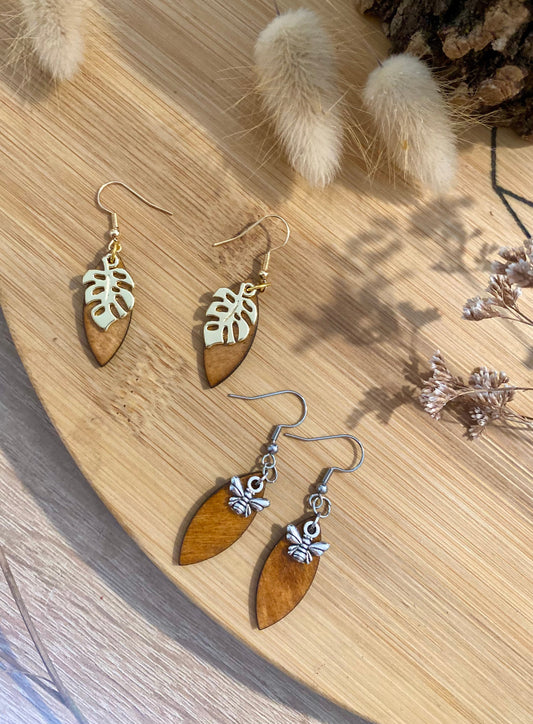 Boucles d'oreilles - abeilles et feuilles