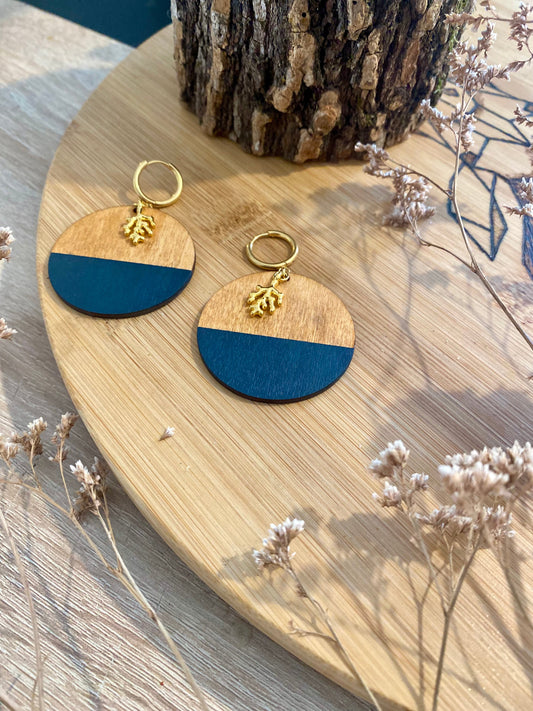 Boucles d'oreilles - bois rond et bleu